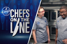 Watch Both Episodes Now! Chefs of the Mills logo. Chefs on the Line logo. Chef Jessie and Chef Ted smiling in the kitchen. Background with various kitchen utensils. 