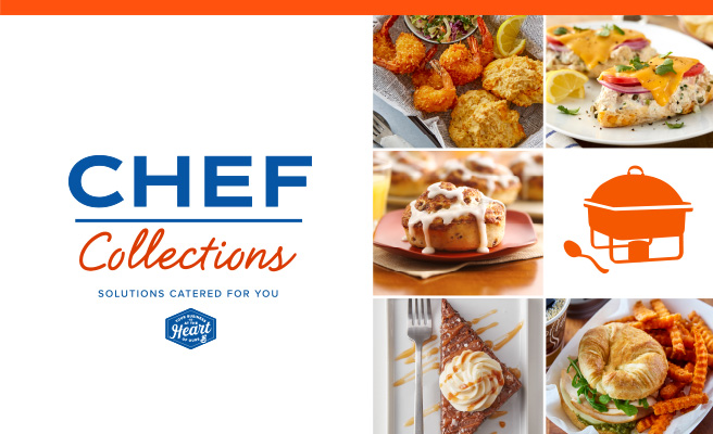 Chef collections serve simplicity text in white on banner with blue background.